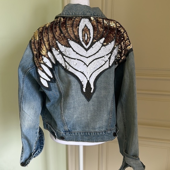 Free People Sequin Glam Denim Jacket in Indigo Blue Size Small - Picture 7 of 14